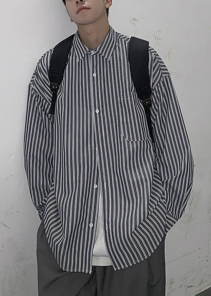 Shirt Collar White Striped Spring Mens Cotton Pockets Peter Pan