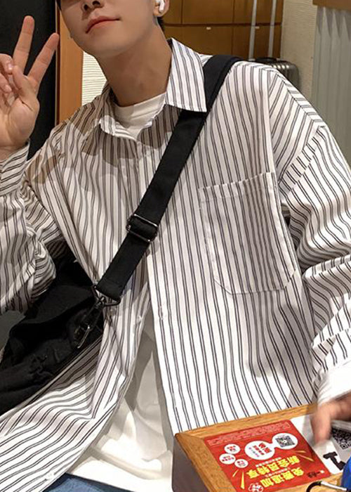 Shirt Collar White Striped Spring Mens Cotton Pockets Peter Pan