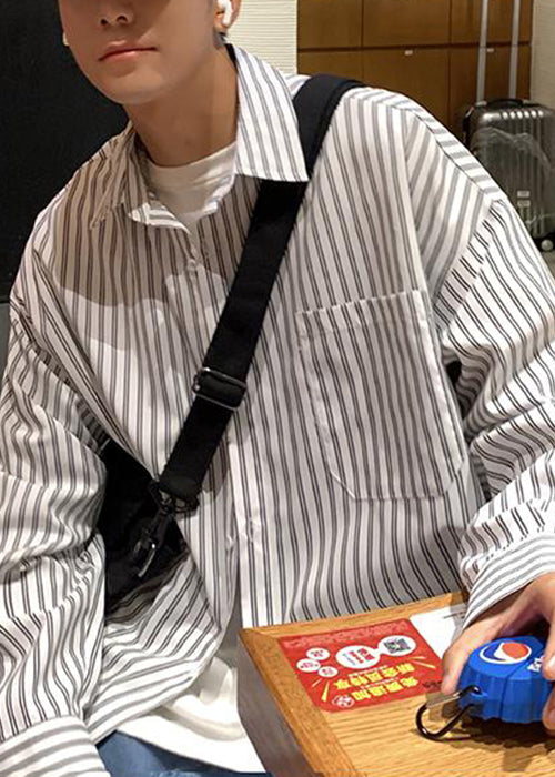 Shirt Collar White Striped Spring Mens Cotton Pockets Peter Pan