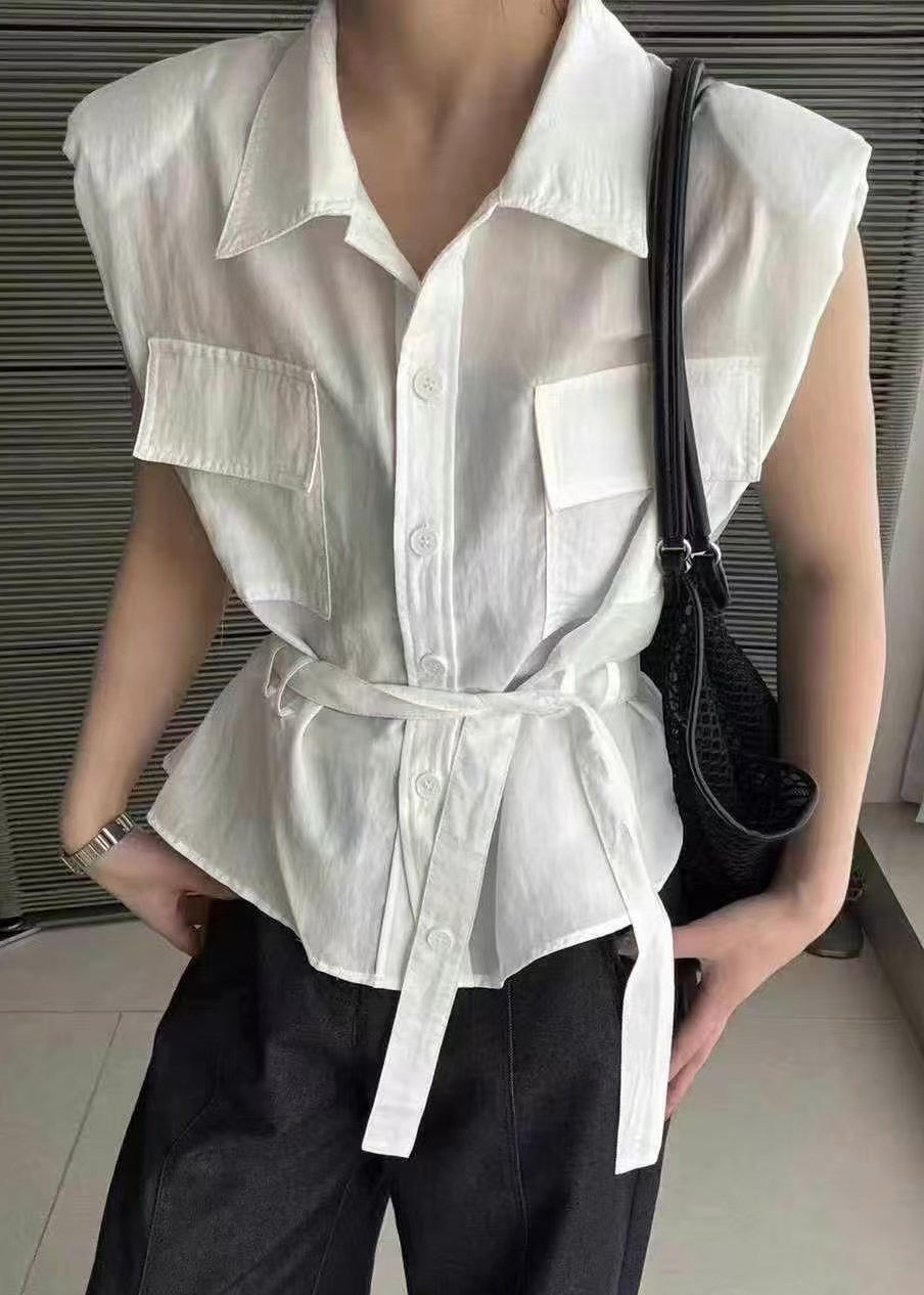 White Tie Collar Cotton Blouses Pan Peter Summer Waist