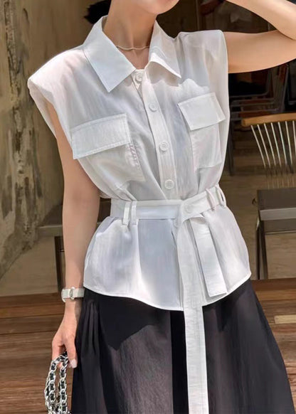 White Tie Collar Cotton Blouses Pan Peter Summer Waist