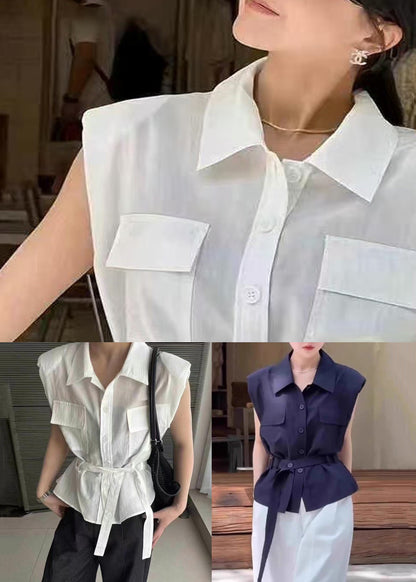White Tie Collar Cotton Blouses Pan Peter Summer Waist