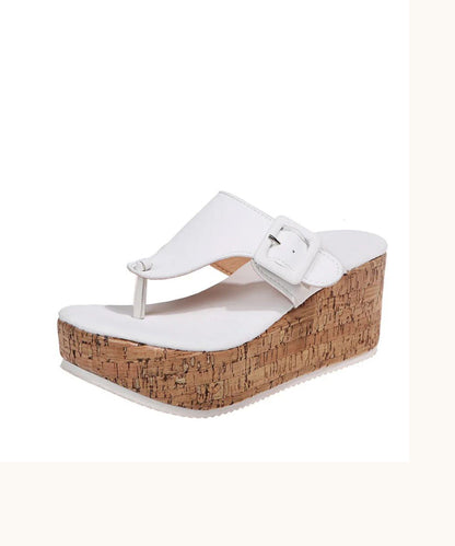 White Wedge Heels Boho Splicing Flip Flops Slide Sandals UU007