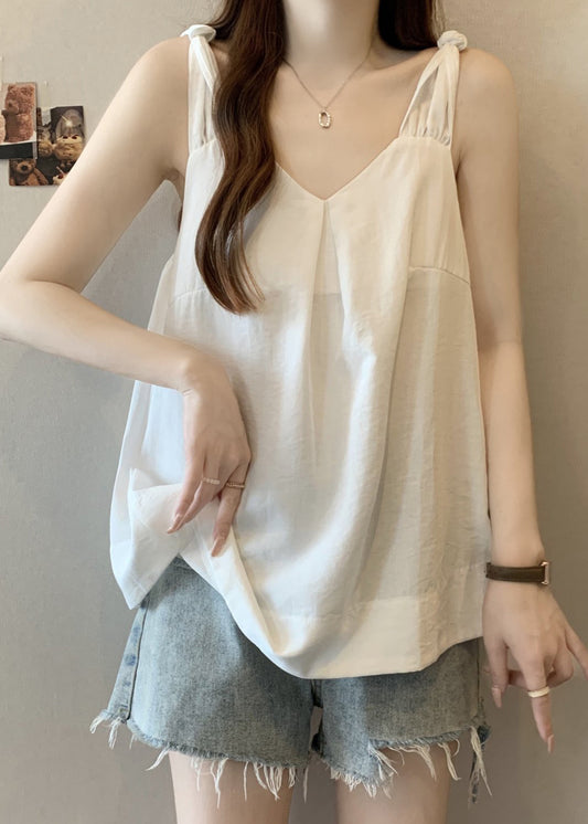 White Summer Neck Solid Wrinkled Cotton V Tank