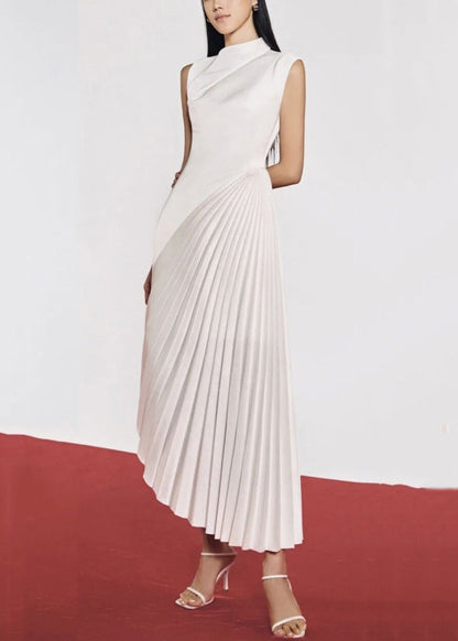 Asymmetrical Wrinkled Silk Solid Dresses Summer White Long