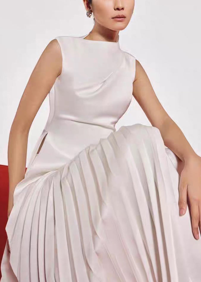 Asymmetrical Wrinkled Silk Solid Dresses Summer White Long