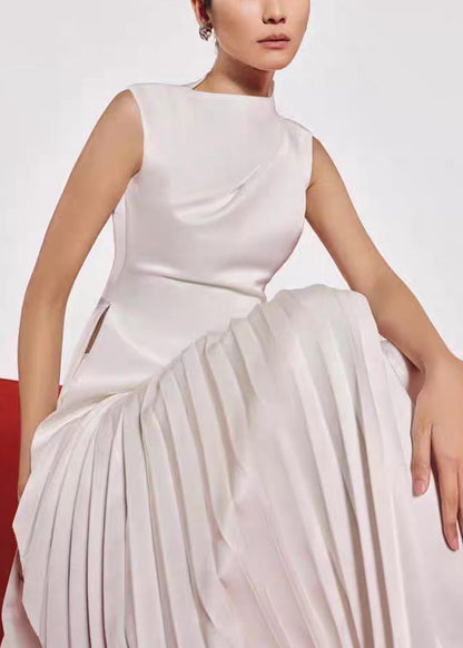 Asymmetrical Wrinkled Silk Solid Dresses Summer White Long