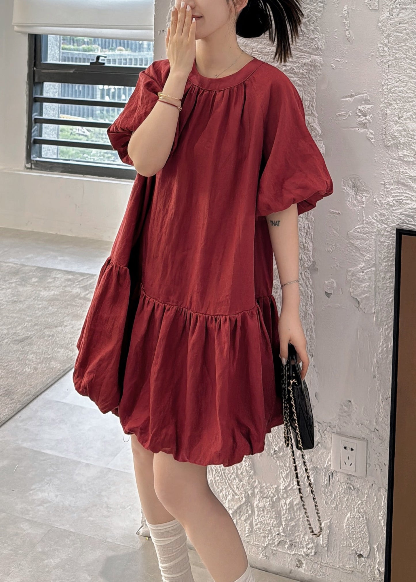 Button Solid Wine O Linen Puff Sleeve Dresses Neck Back Red