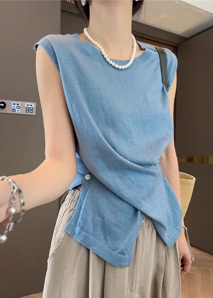 Asymmetrical Button Knit Open Side Sleeveless Tanks Apricot Women