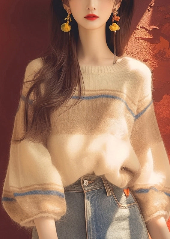 Women Apricot O Neck Cozy Patchwork Knit Sweater Winter WM012