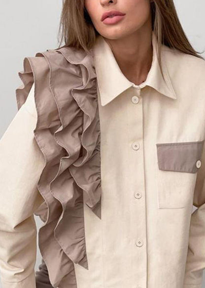 Shirt Ruffled Collar Pan Apricot Peter Women Patchwork