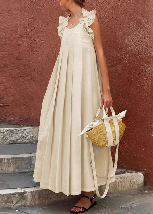 Sleeveless Apricot Cotton Long Ruffled Solid Women Dress