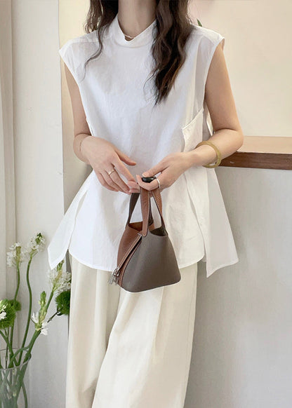 Collar Women Short Shirt Sleeve Stand Apricot Asymmetrical T