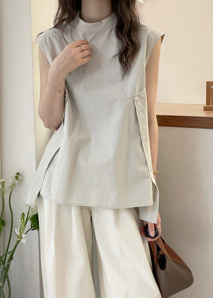 Collar Women Short Shirt Sleeve Stand Apricot Asymmetrical T