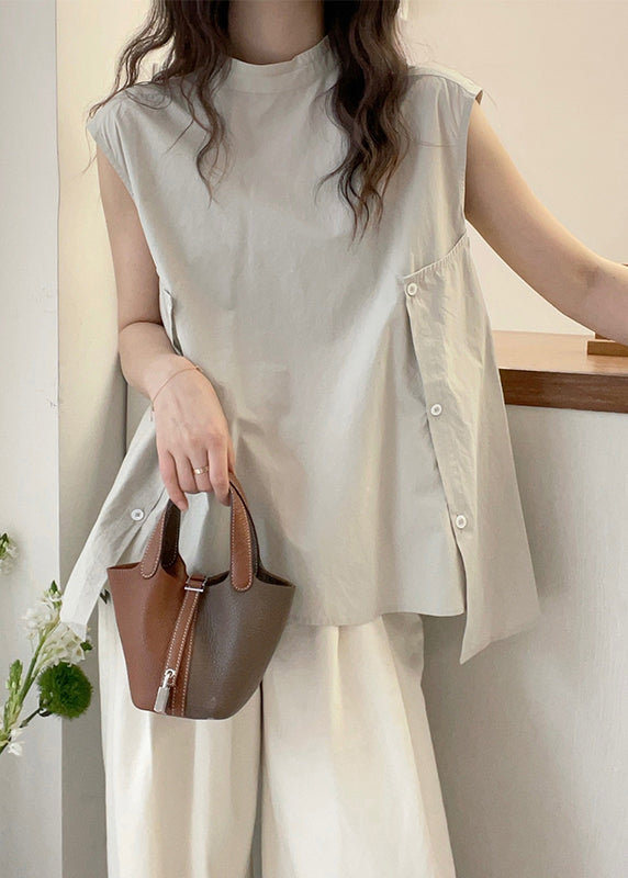 Collar Women Short Shirt Sleeve Stand Apricot Asymmetrical T
