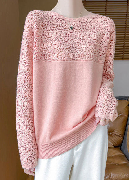 Women Beige Hollow Out Solid Wool Knit Sweater Winter WQ038