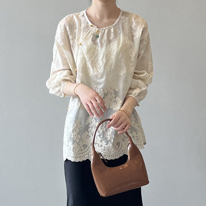 Women Beige O-Neck Print Chiffon Shirts Long Sleeve VB1086