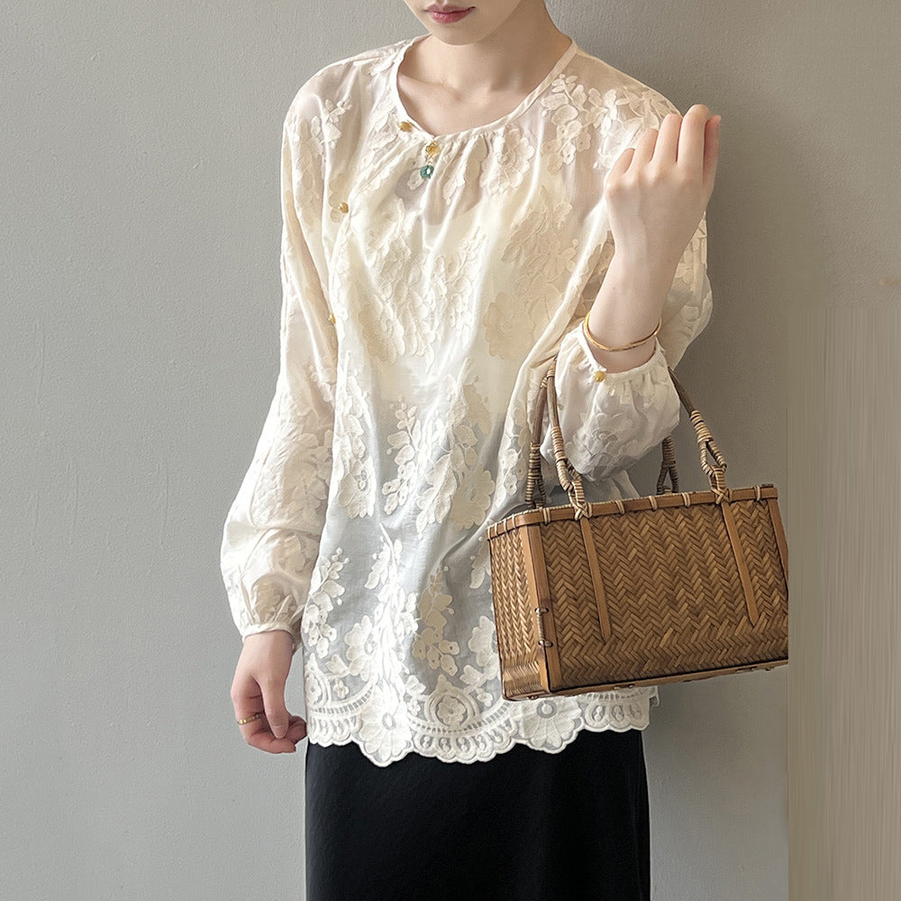 Women Beige O-Neck Print Chiffon Shirts Long Sleeve VB1086