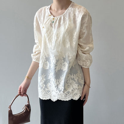 Women Beige O-Neck Print Chiffon Shirts Long Sleeve VB1086