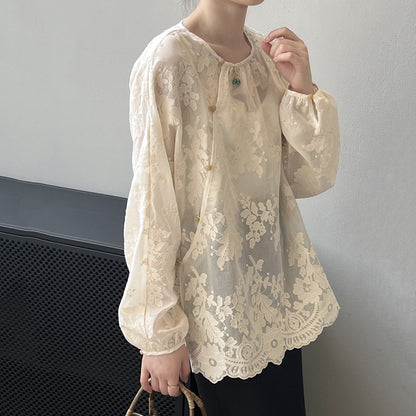 Women Beige O-Neck Print Chiffon Shirts Long Sleeve VB1086