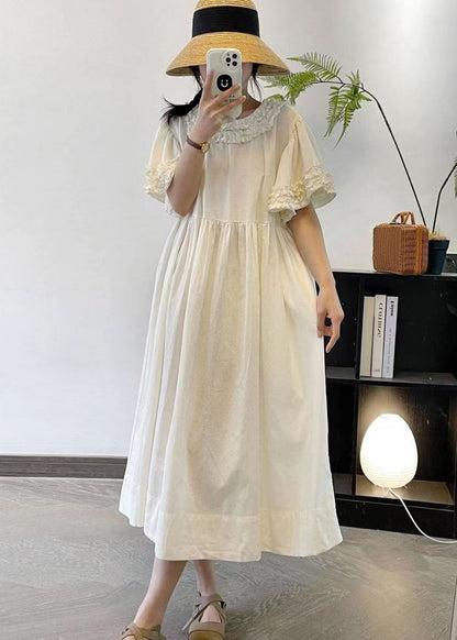 Women Beige Ruffled Patchwork Cotton Long Dresses Summer FF008