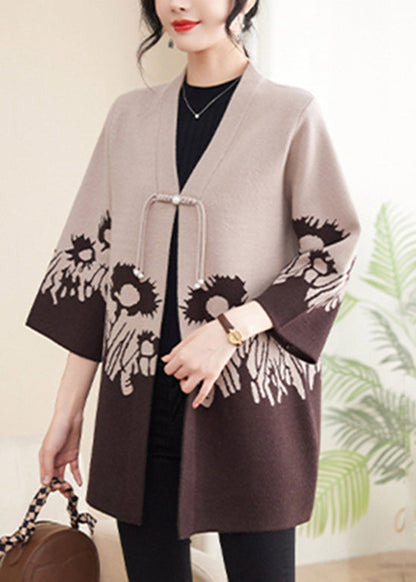 Women Beige V Neck Cotton Knit Cardigans Spring TA006