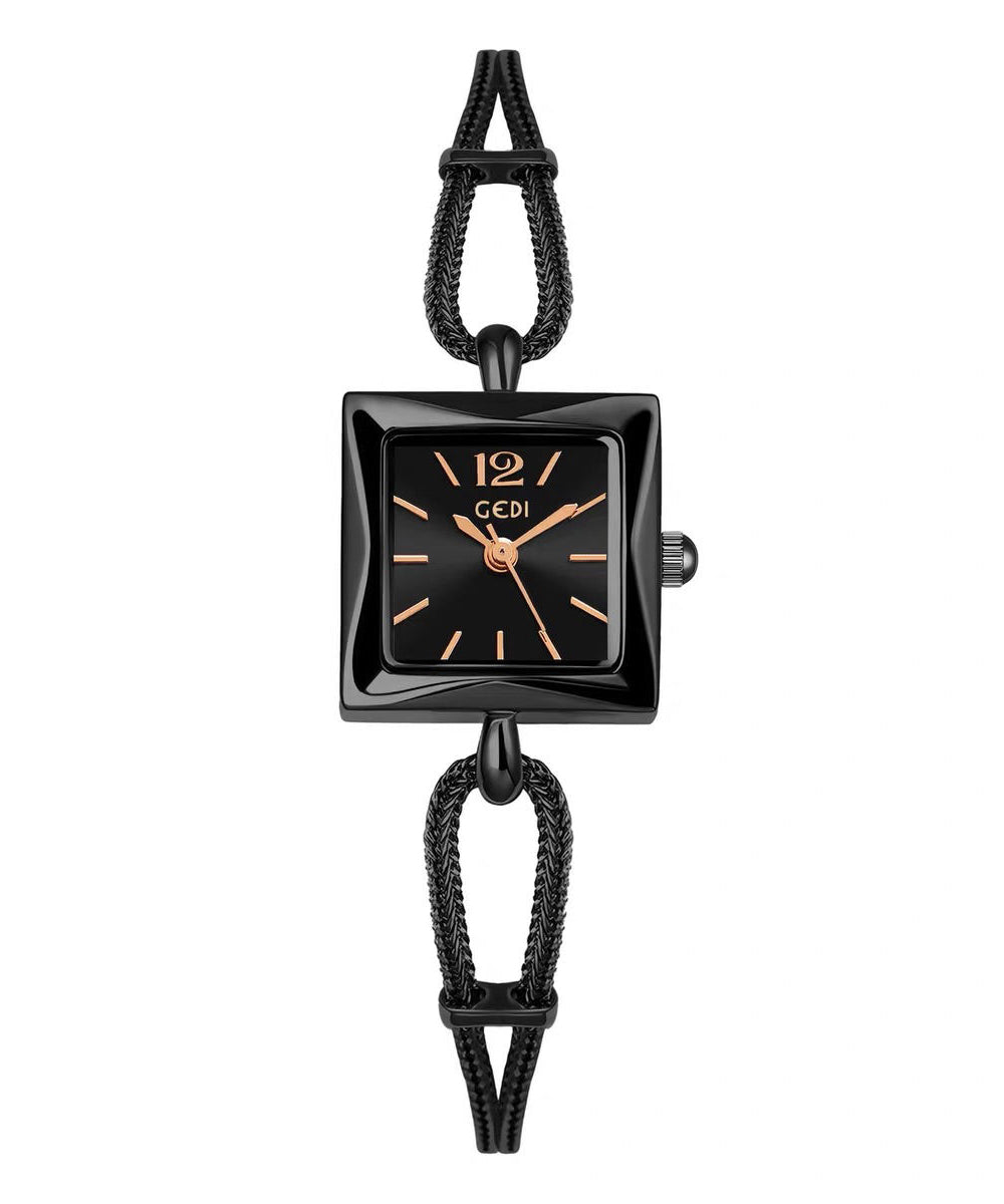 Alloy Black Crystal Square Watches Women Hardlex Chain