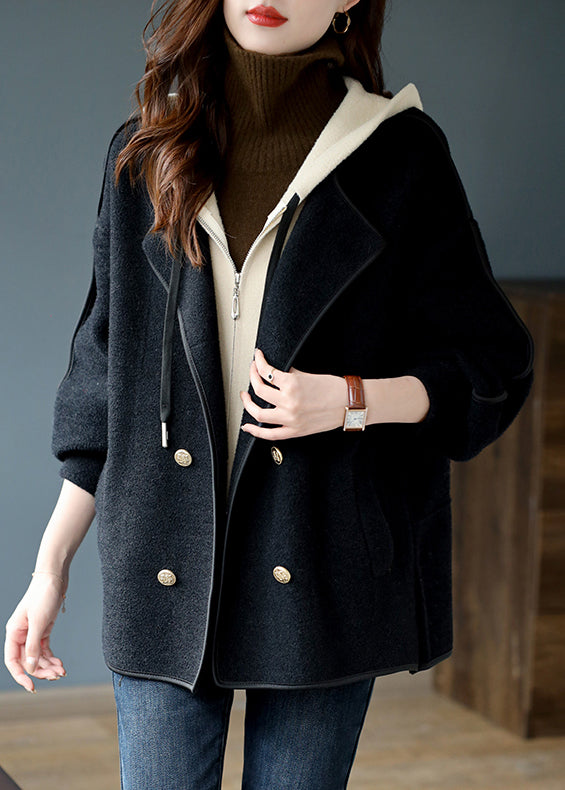 Women Black False Two Pieces Patchwork Woolen Hooded Coat Winter RS022