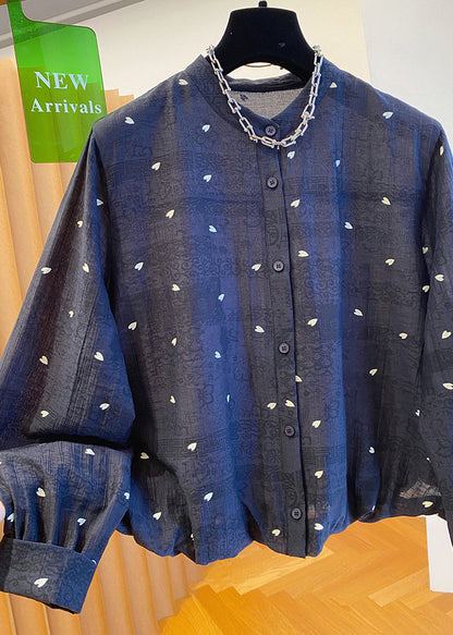 Cotton Neck Blouses Black Jacquard Button Women Fall O