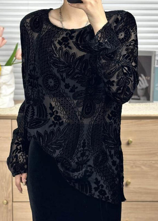 Women Black O Neck Jacquard Silk Velour Shirt Tops Fall WP050