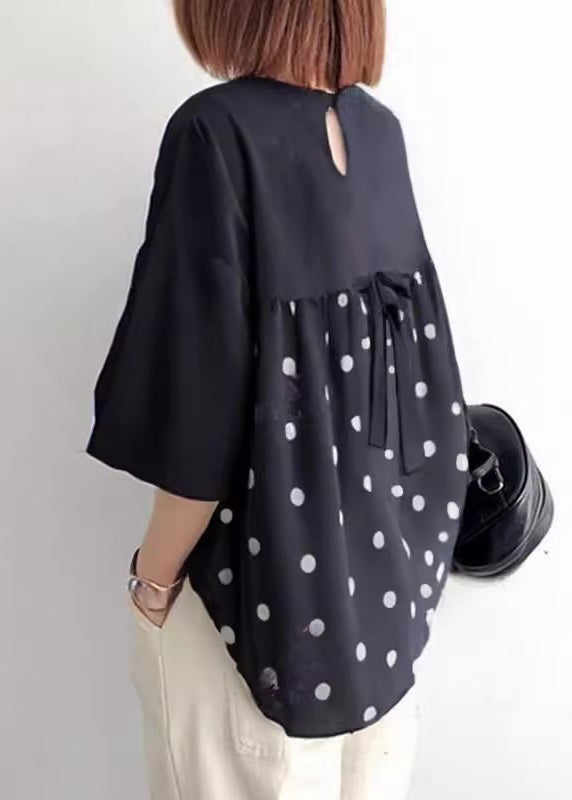 Patchwork Black Summer Shirt Women Bow Tops Oversized Cotton