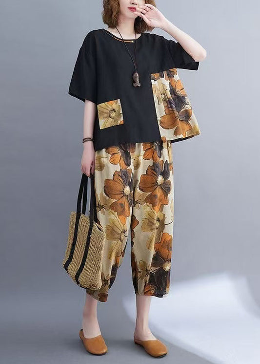 Cotton Black Summer Set Two-Piece Patchwork Women Oversized