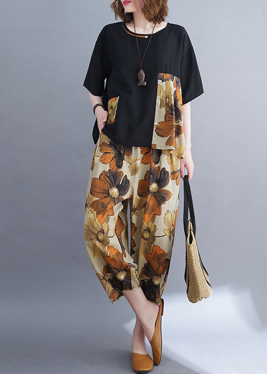 Cotton Black Summer Set Two-Piece Patchwork Women Oversized