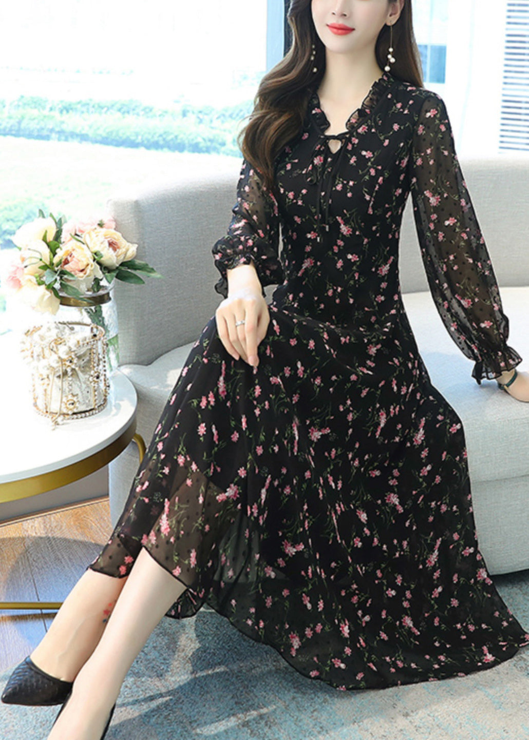 Women Black Ruffled Print Chiffon Long Dress Spring OO022