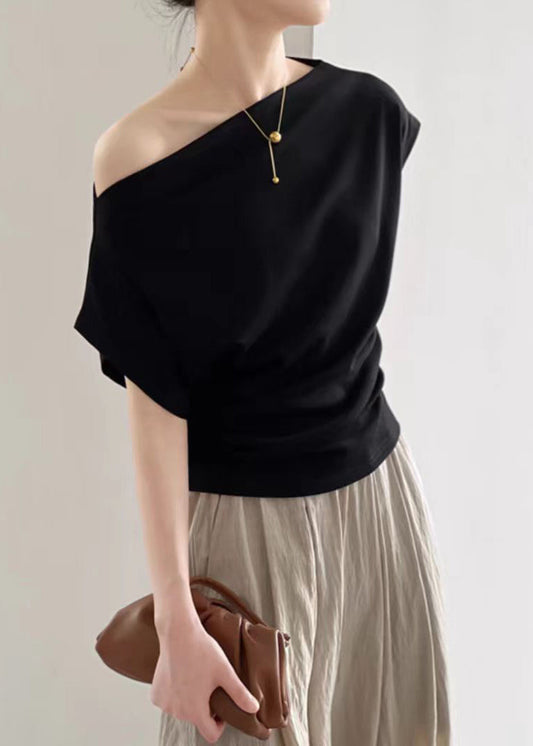 Summer Neck T Women Black Cotton Solid Shirt Slash