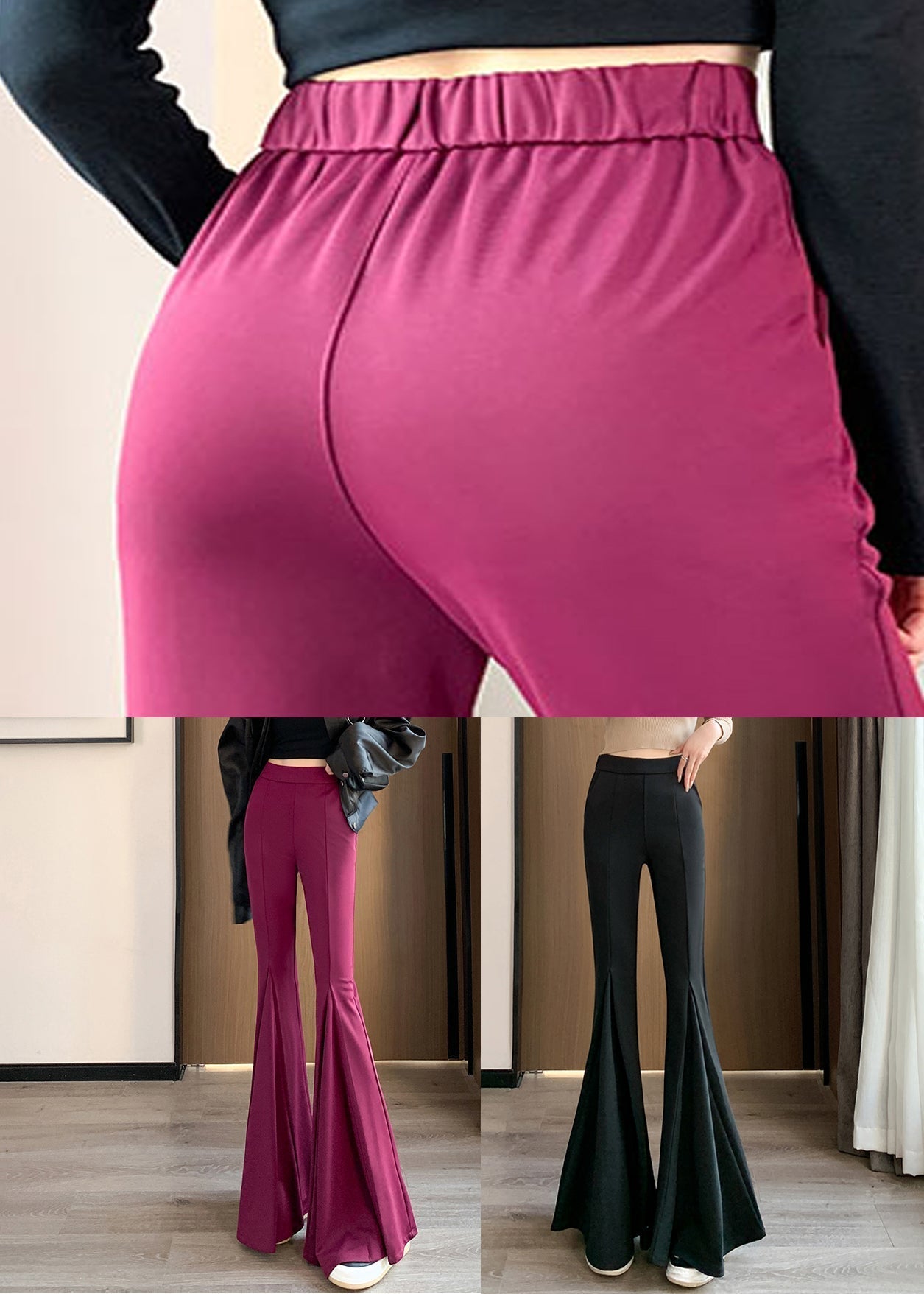 Women Black Solid Elastic Waist Spandex Flared Trousers Spring YJ007