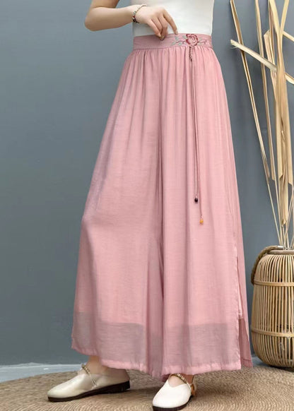 Embroidered Tasseled Wide Black Summer Linen Pants Leg Women