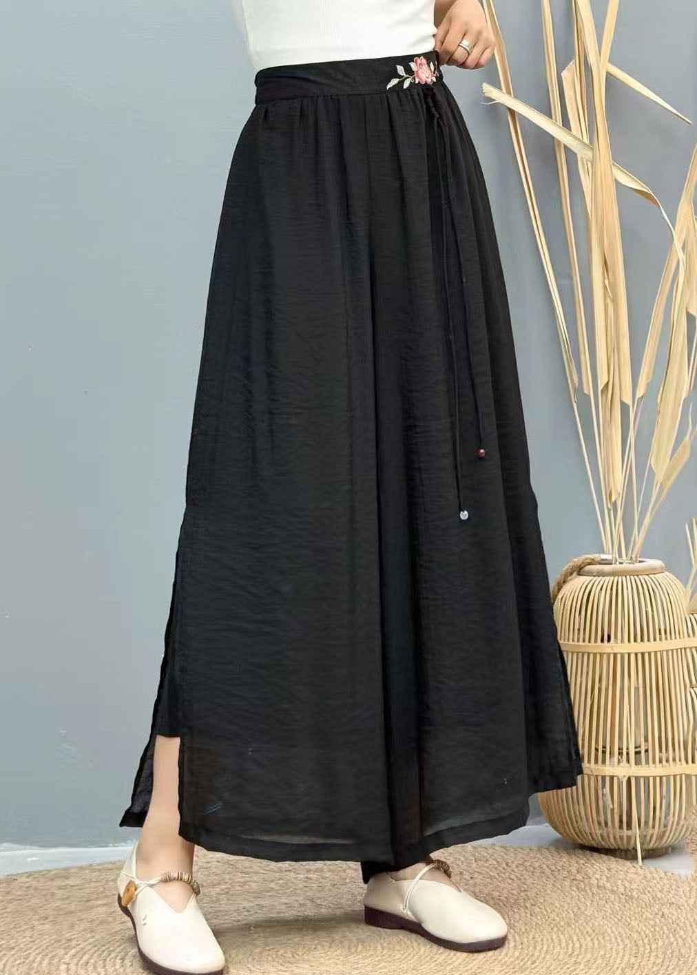Embroidered Tasseled Wide Black Summer Linen Pants Leg Women