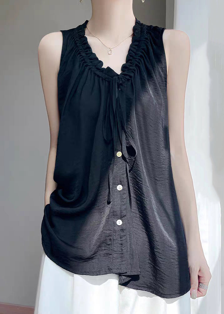 Button Summer Cotton Ruffled Black Neck Women V Blouse