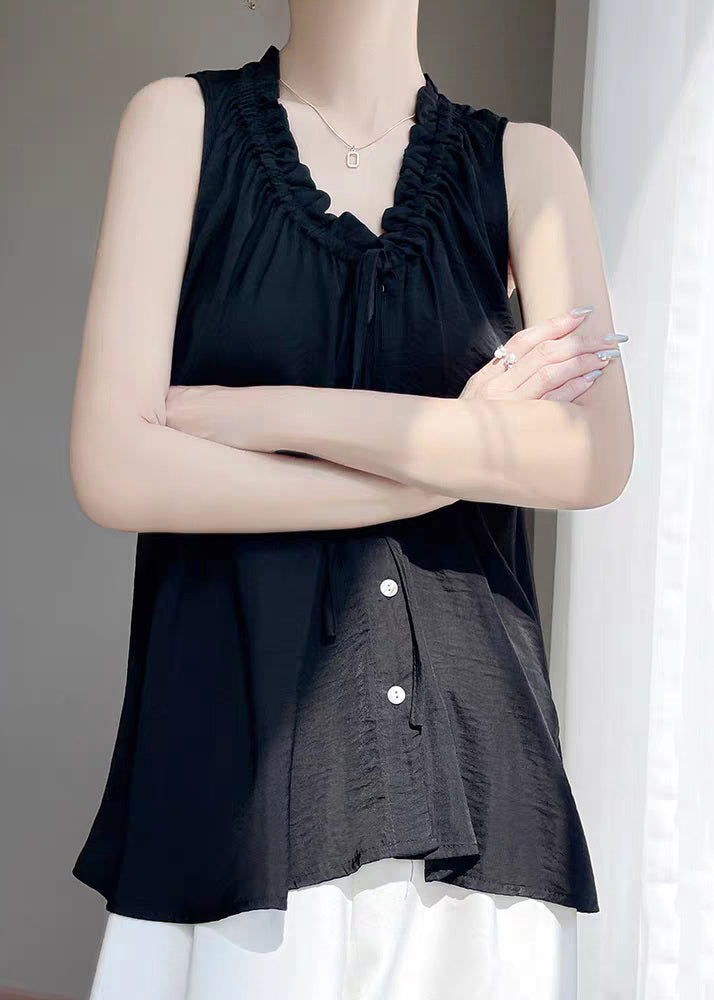 Button Summer Cotton Ruffled Black Neck Women V Blouse