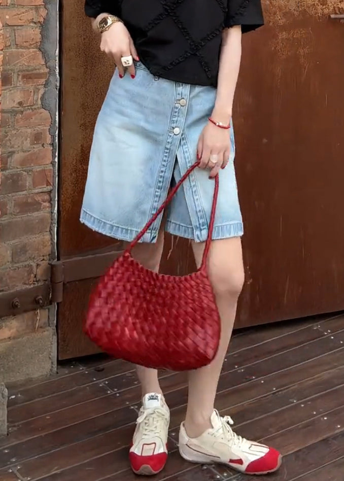 Summer Shorts False Women Denim Two Pieces Button Blue