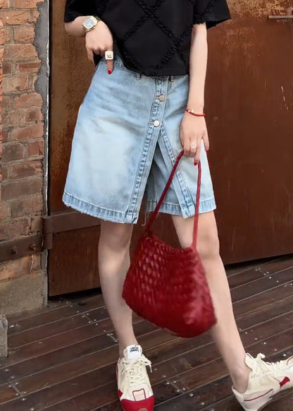 Summer Shorts False Women Denim Two Pieces Button Blue