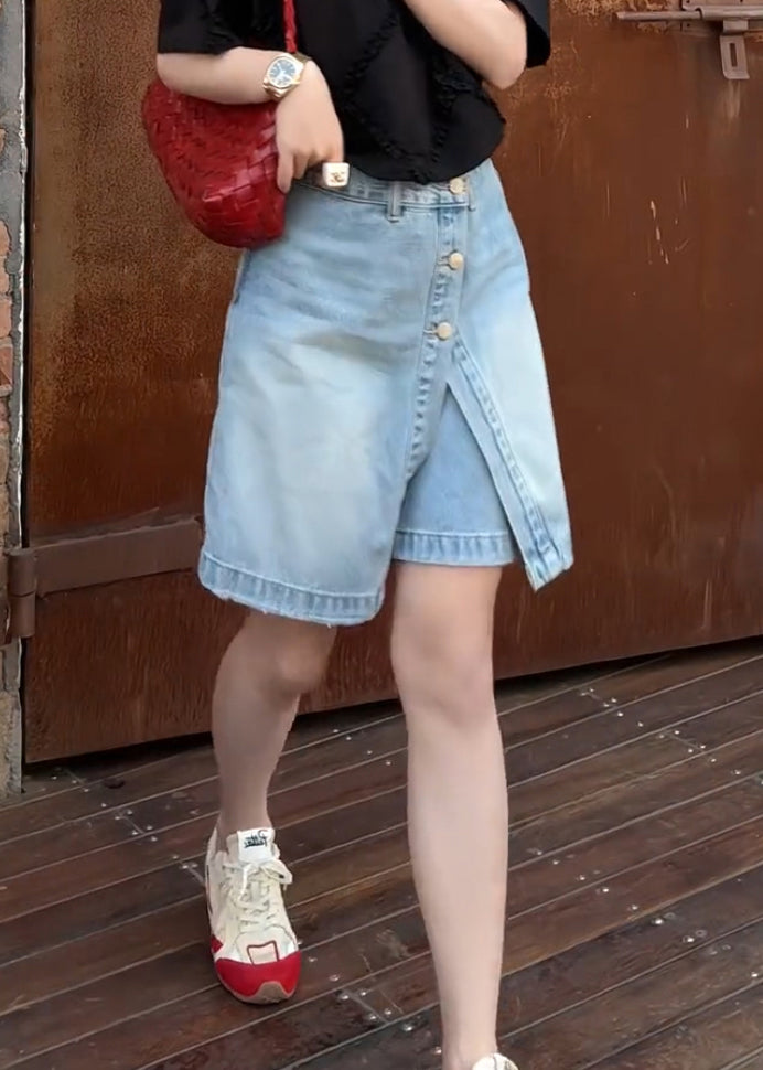 Summer Shorts False Women Denim Two Pieces Button Blue