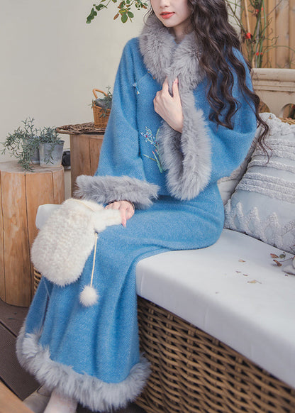 Women Blue Fur Collar Tops And Skirts Cotton Filled Two Pieces Set Winter RH030