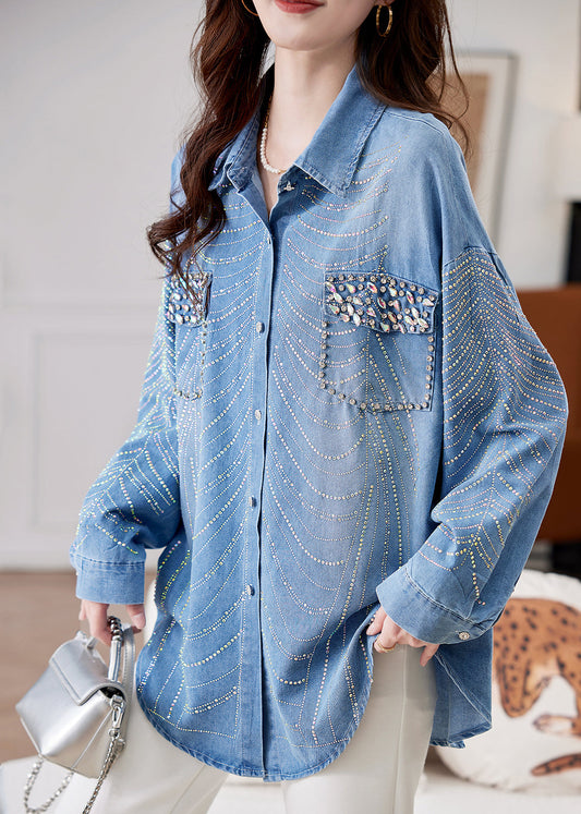 Spring Bead Button Women Zircon Denim Shirts Nail Blue