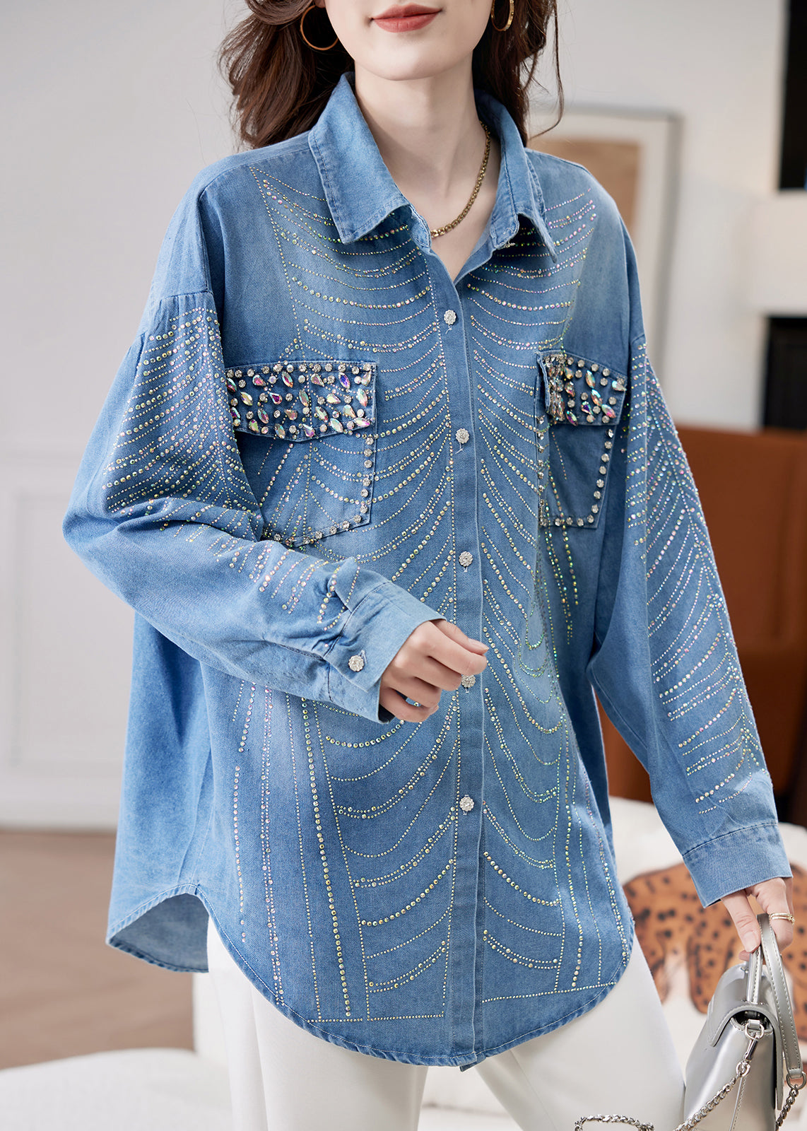 Spring Bead Button Women Zircon Denim Shirts Nail Blue