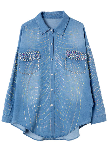 Spring Bead Button Women Zircon Denim Shirts Nail Blue
