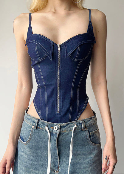 Blue Denim Cami Zippered Bodysuit Women Patchwork