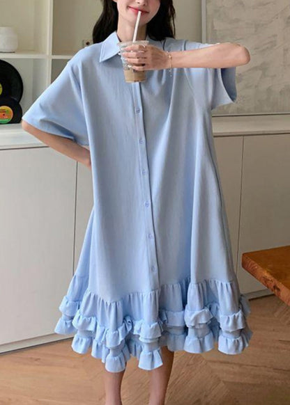 Pan Collar Blue Short Women Ruffled Peter Maxi Dress Patchwork