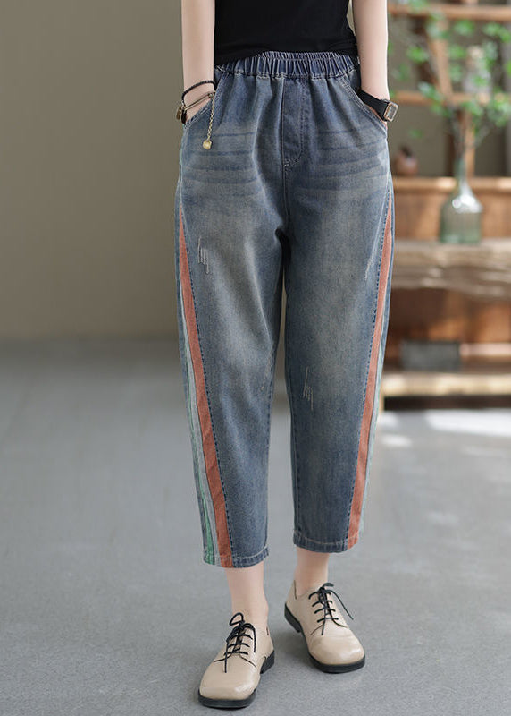 Pantalon court en jean bleu avec poches et taille élastique pour femme, été BV081